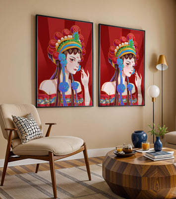 Traditional Asian art depicting stylized woman with ornate headdress
