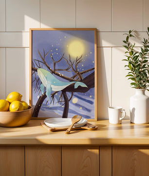 Whale resting on tree branches under starry night sky