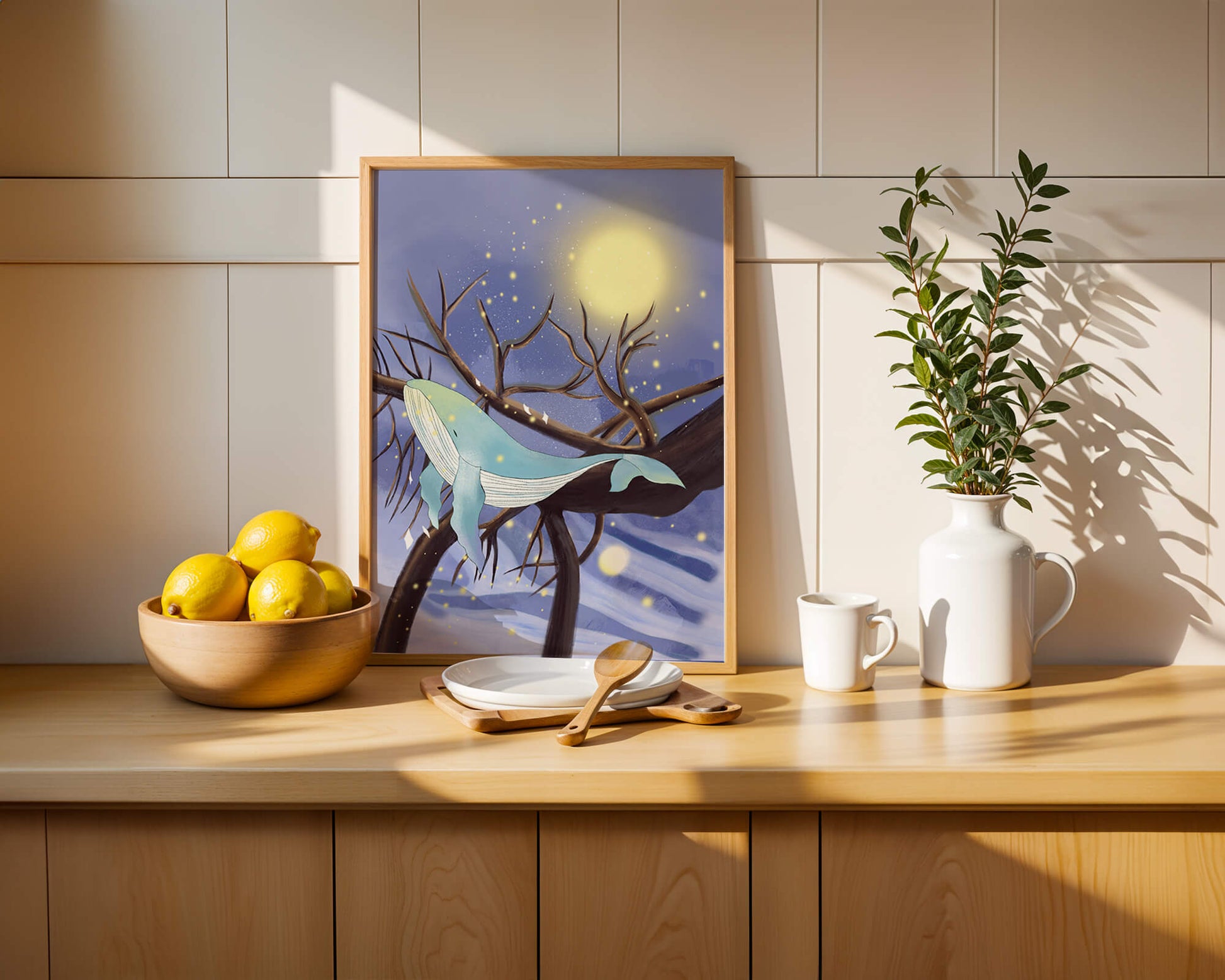 Whale resting on tree branches under starry night sky
