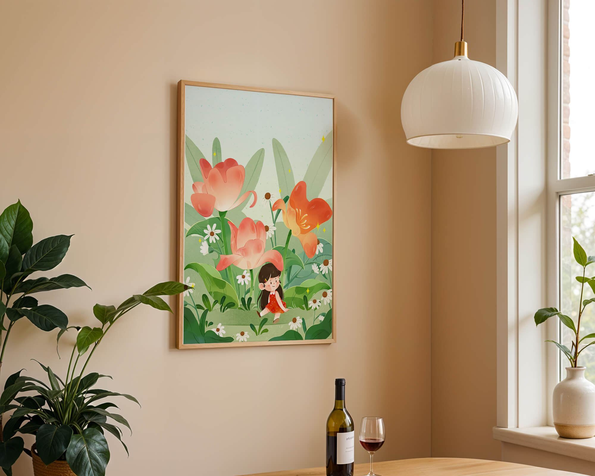 Charming floral garden with whimsical child illustration