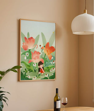 Encantador jardín floral con ilustración de niño caprichoso