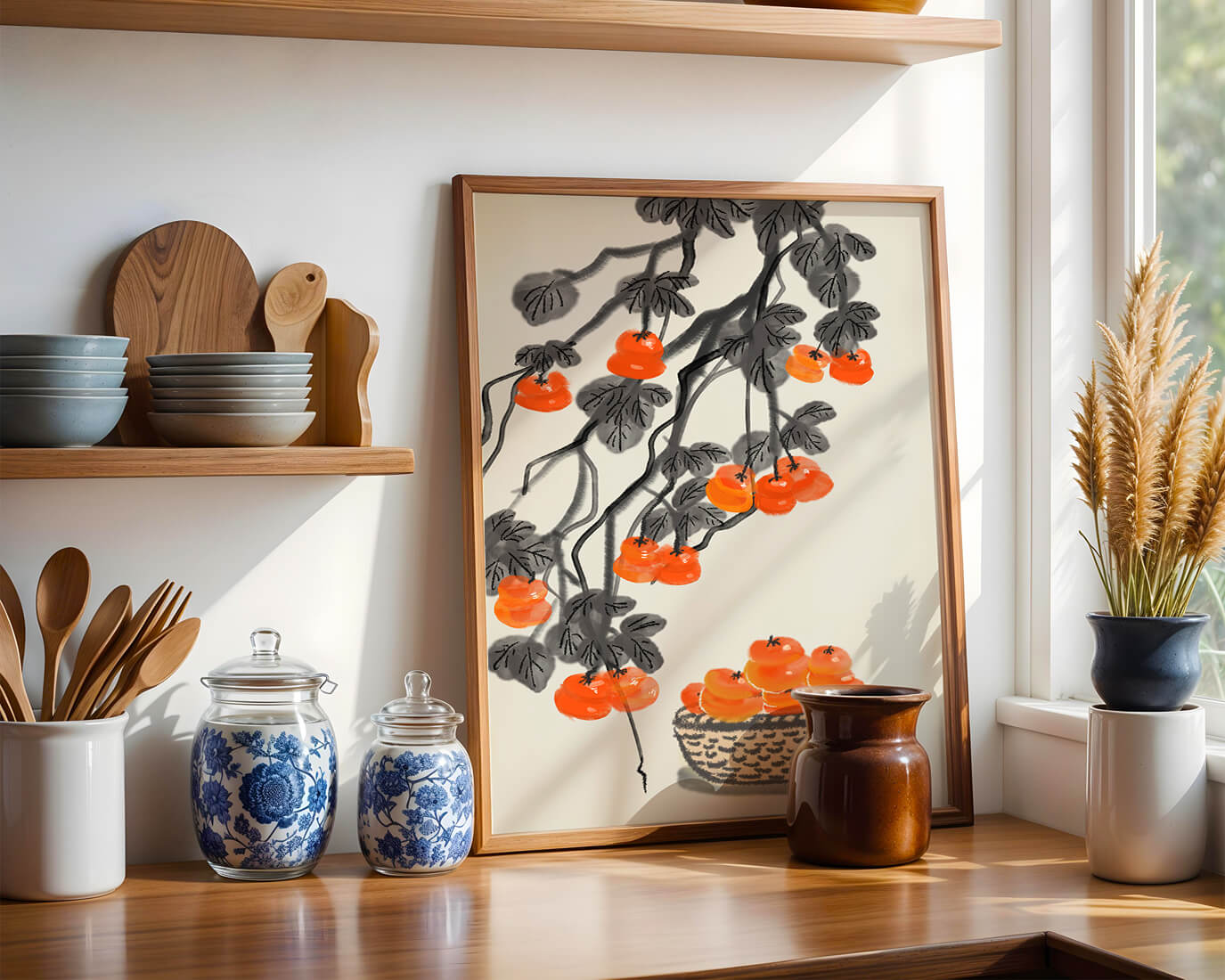 Artistic depiction of hanging persimmons with basket on watercolor canvas