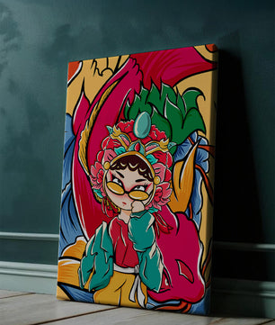 Vibrant illustration featuring a character in traditional costume with dragon elements