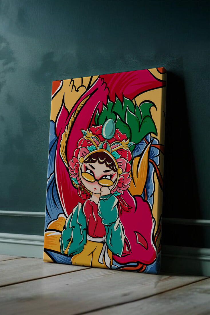 Vibrant illustration featuring a character in traditional costume with dragon elements