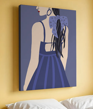 Stilvolle Illustration einer Frau mit gepunkteter Schleife und blauem Kleid