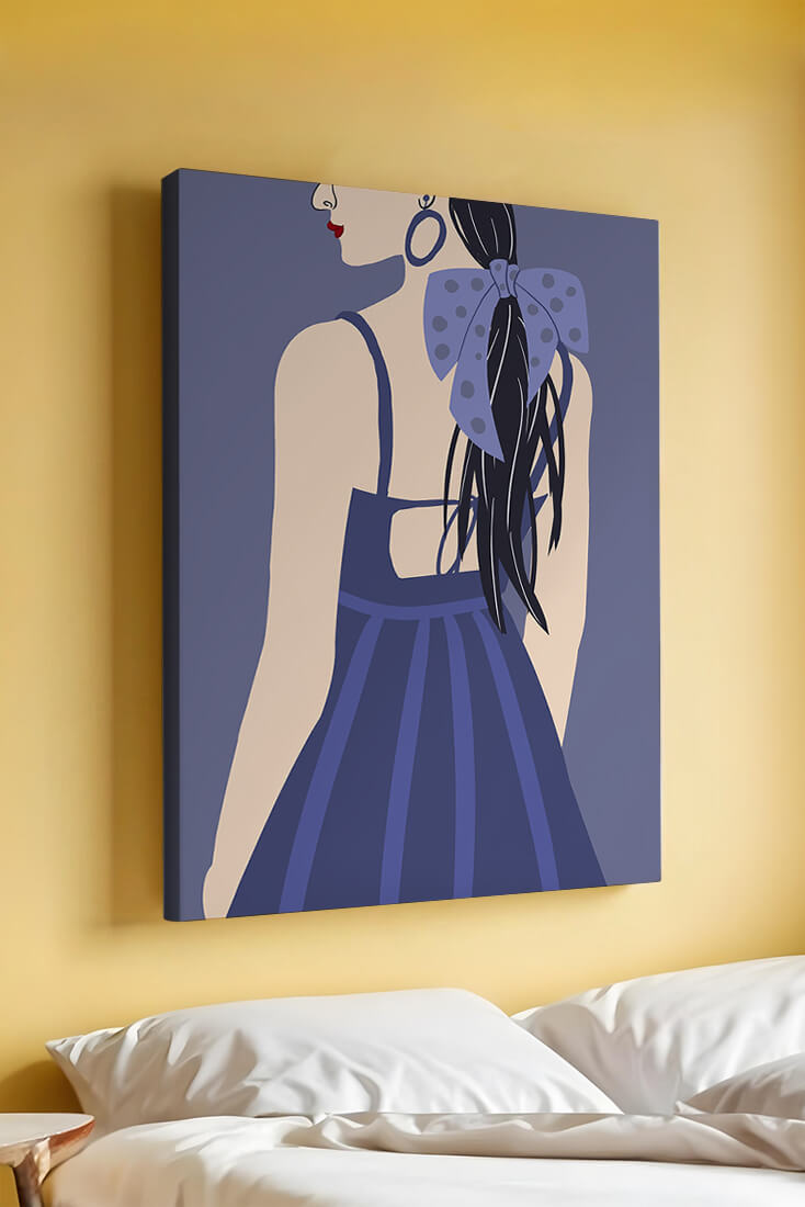 Stilvolle Illustration einer Frau mit gepunkteter Schleife und blauem Kleid