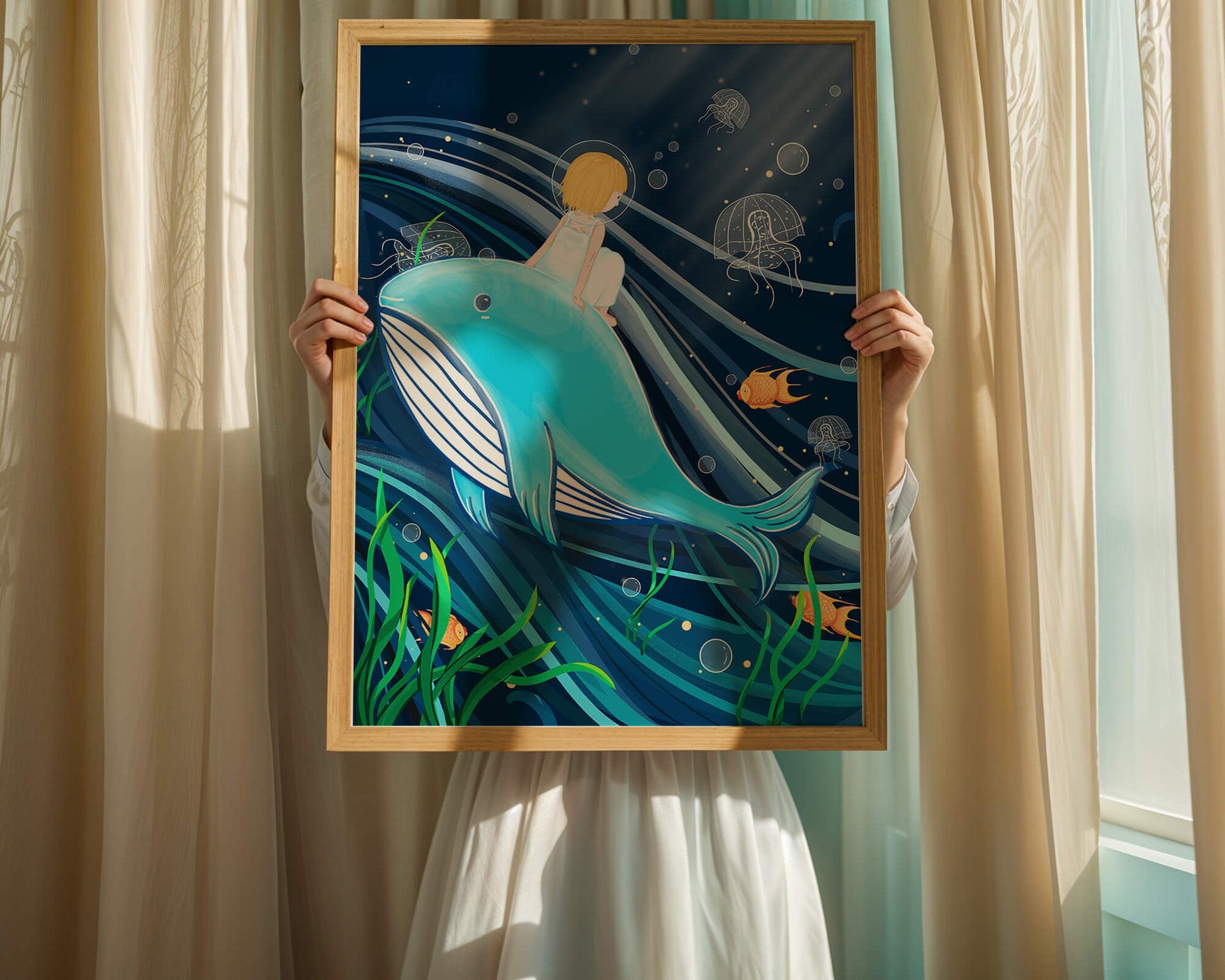 Whimsisches Unterwasserszenario mit Kind und Blauwal