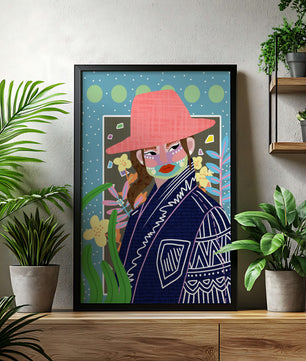 Retrato colorido con patrones y elementos abstractos