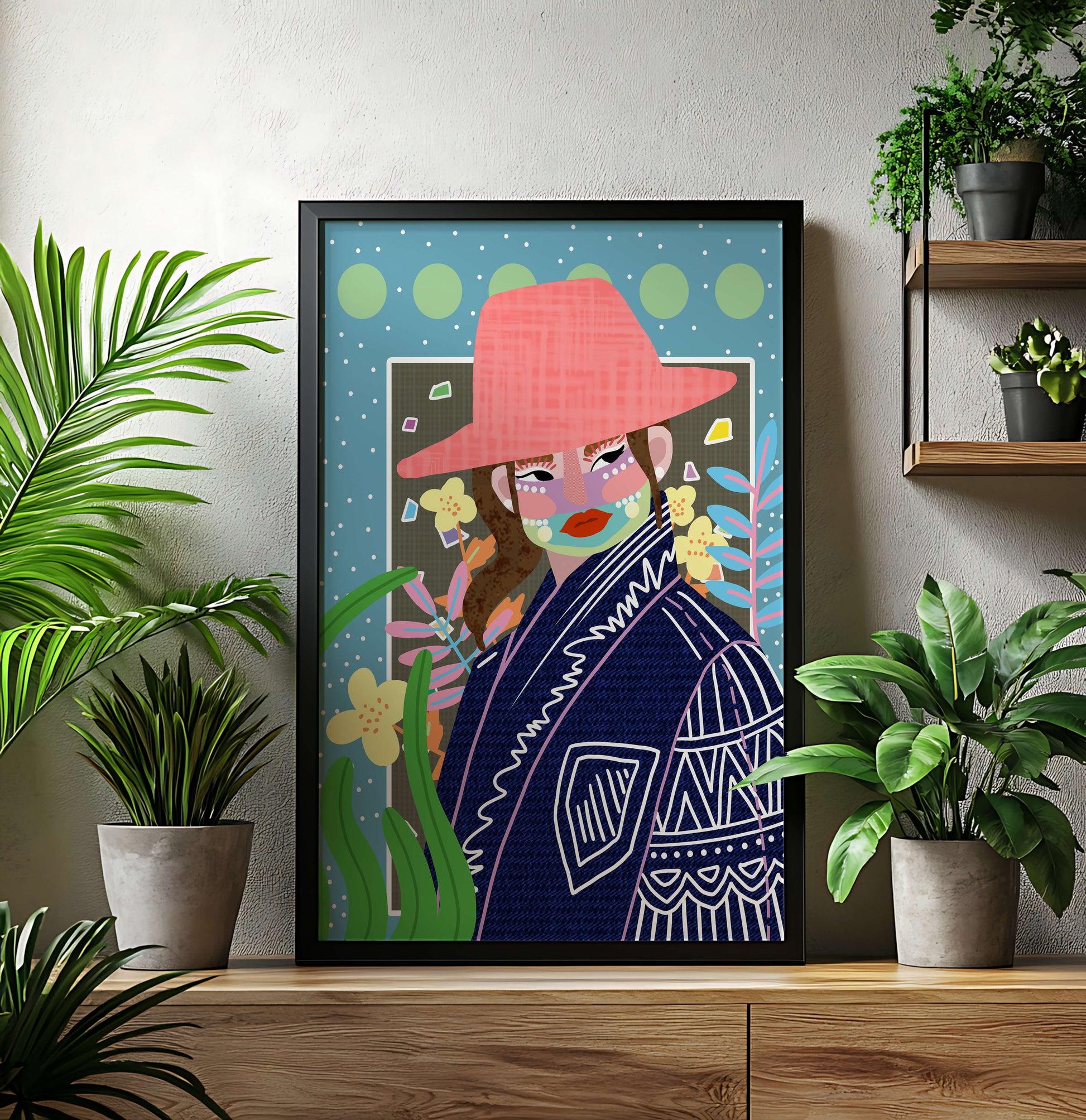 Retrato colorido con patrones y elementos abstractos