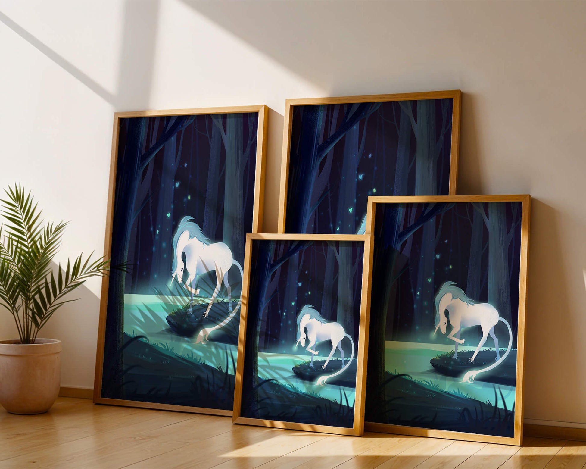 Enchanting night scene with a unicorn by a forest stream