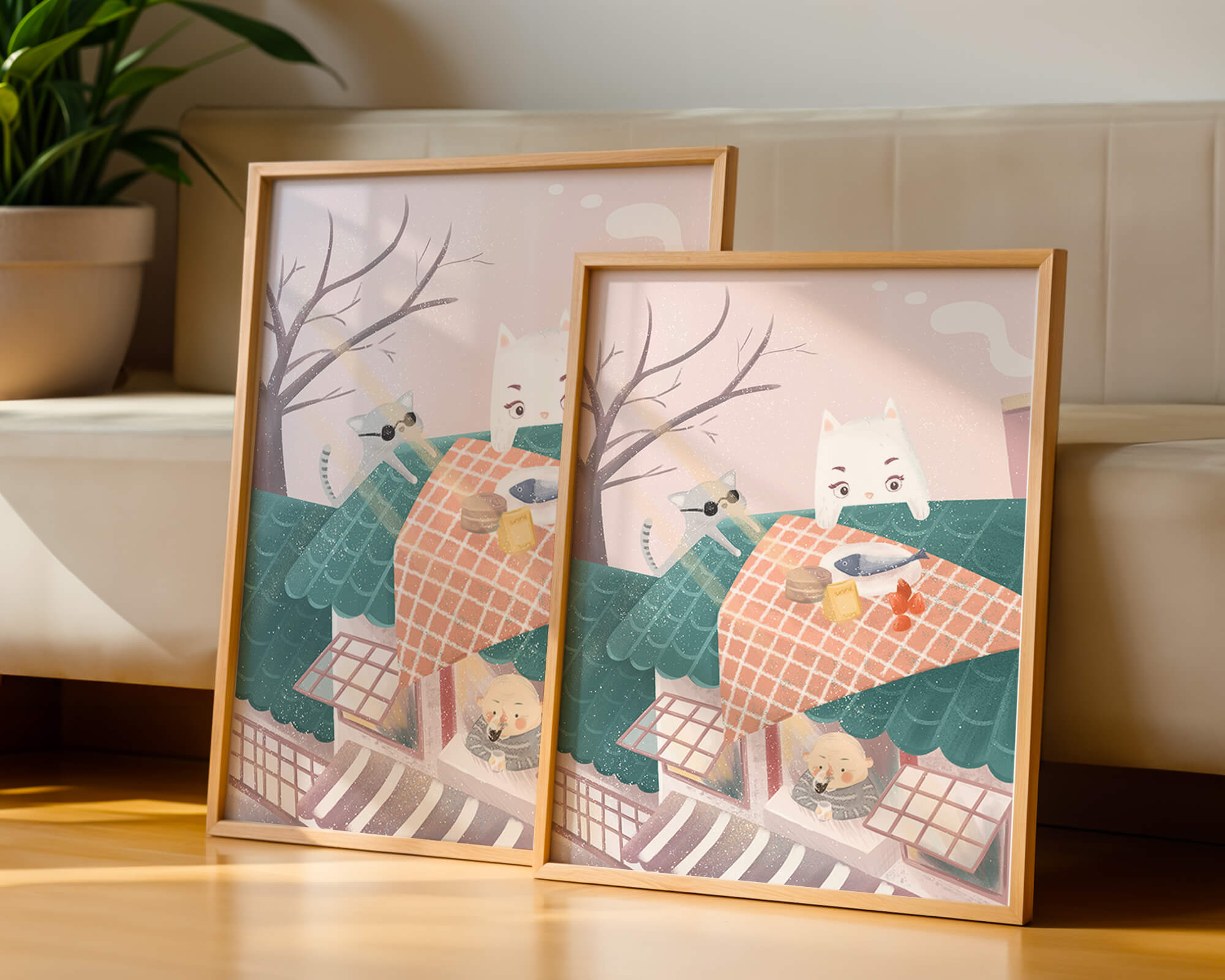 Whimsical rooftop scene with playful cats and a cozy winter ambiance