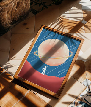 Illustration Of A Large Planet Against A Stardust Background With A Small Figure In The Foreground