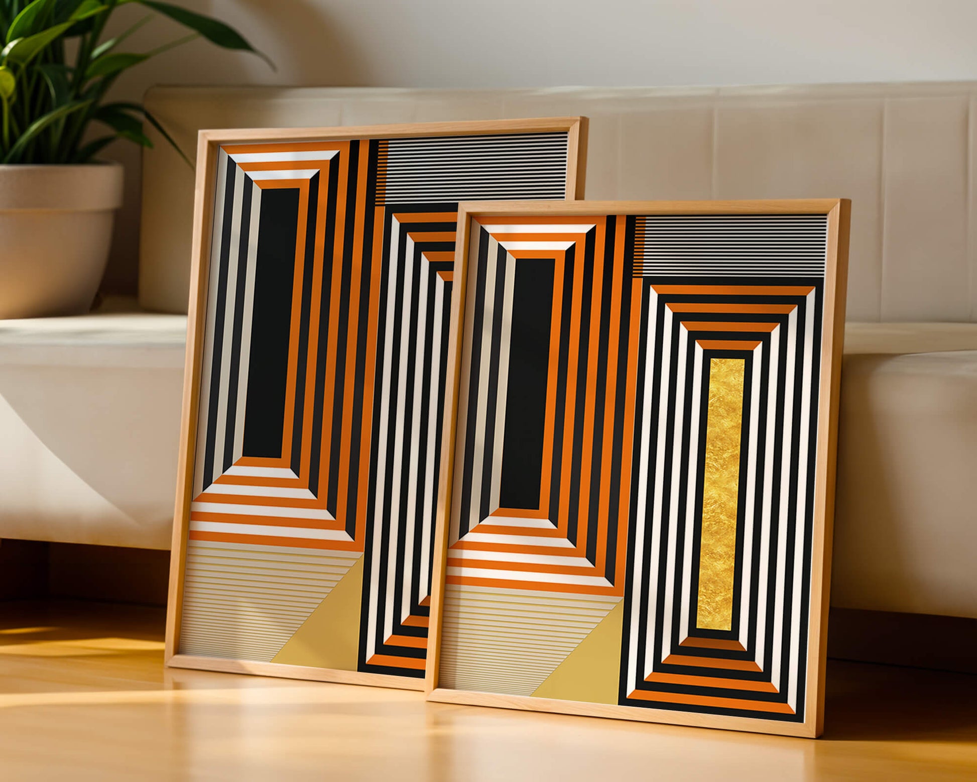 Geometric Abstract Art with Stripes and Gold Element in Orange, Black, and White