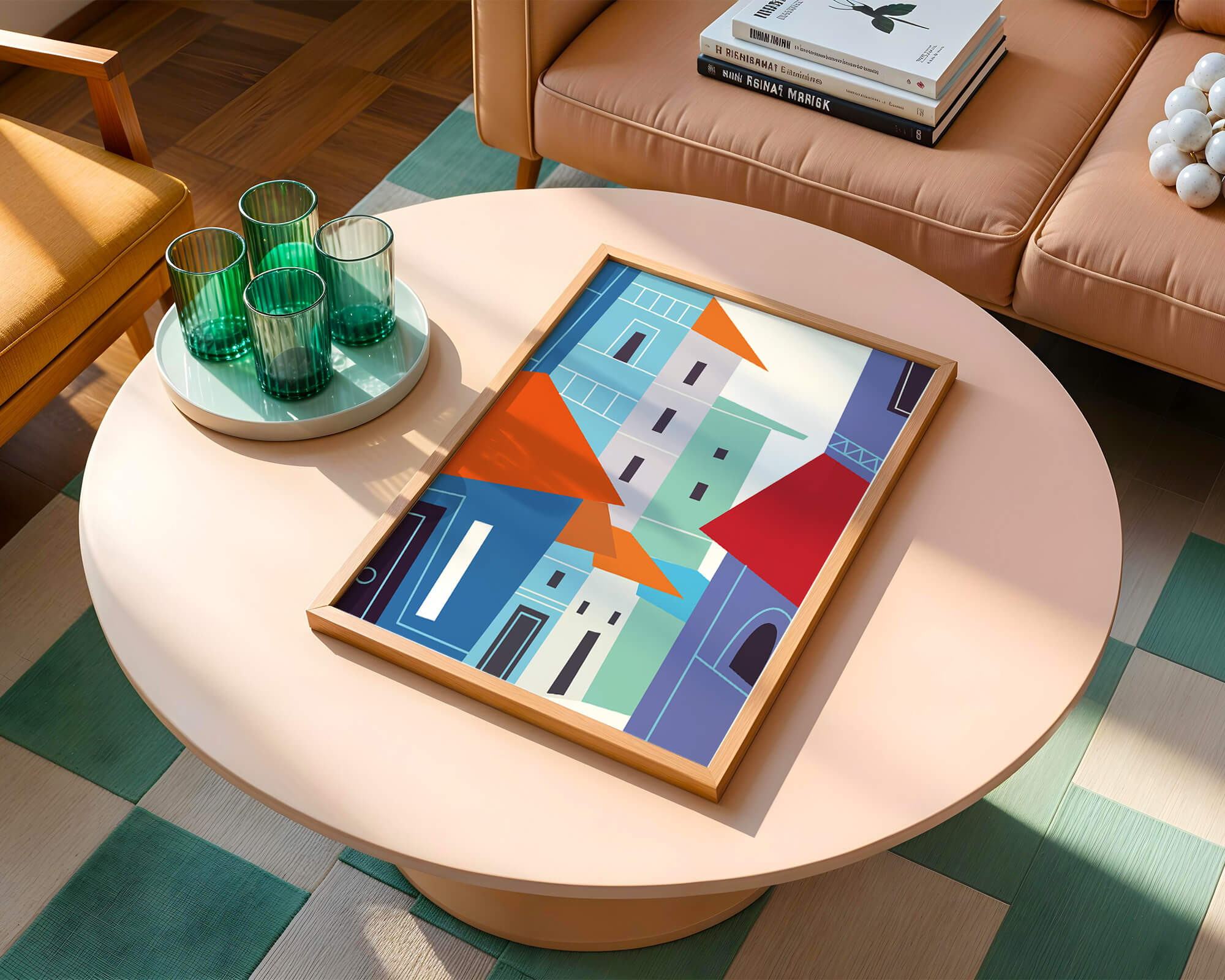 Colorful abstract cityscape with geometric buildings