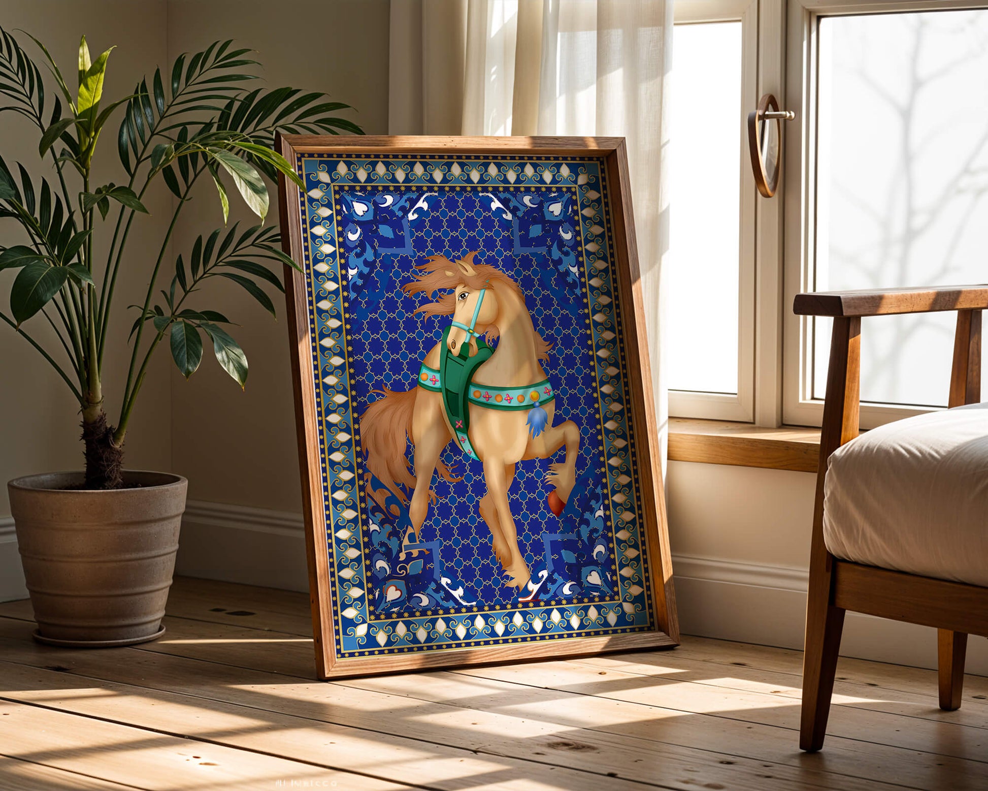 Intricate patterned horse art with a vibrant decorative border