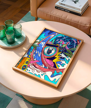 Vibrant abstract art with waves and neon elements