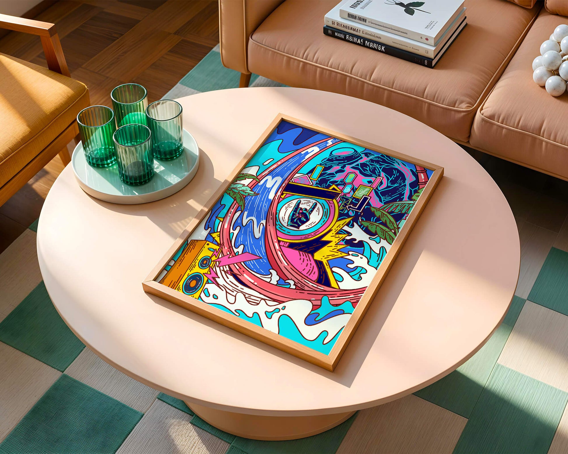 Vibrant abstract art with waves and neon elements