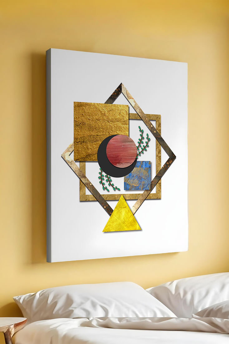 Modern geometric abstract art with vibrant colors and gold accents
