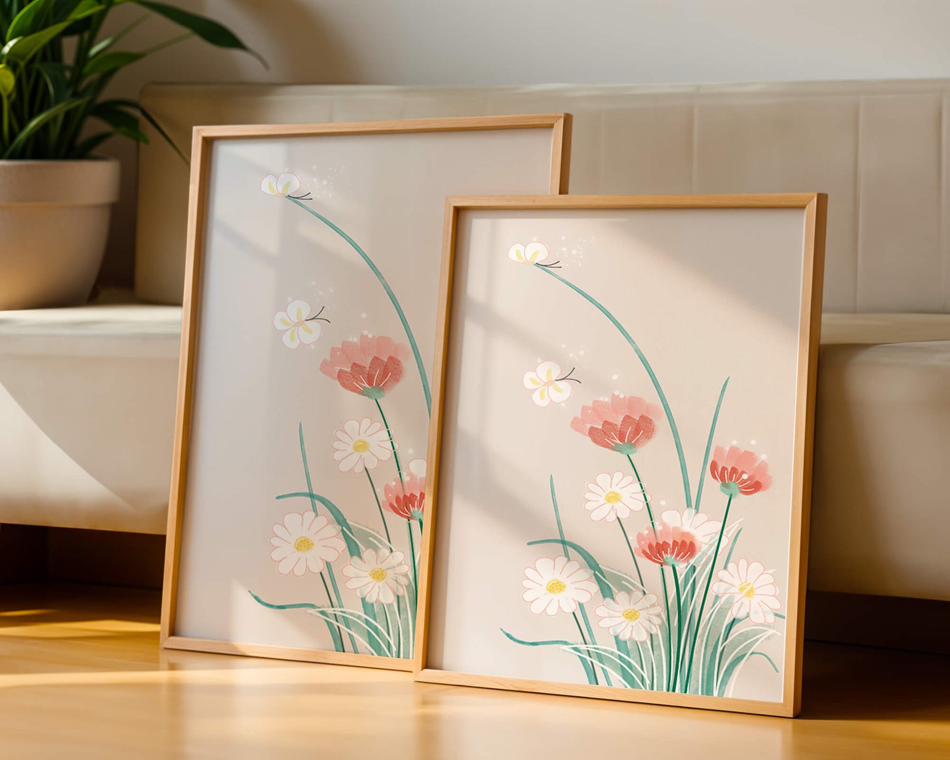Delicate floral illustration with butterflies and wildflowers