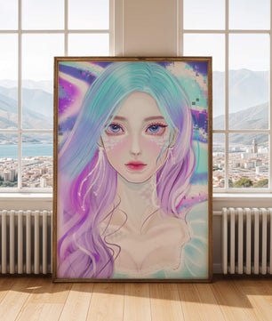 Fantasy portrait of a woman with pastel hair and vibrant features