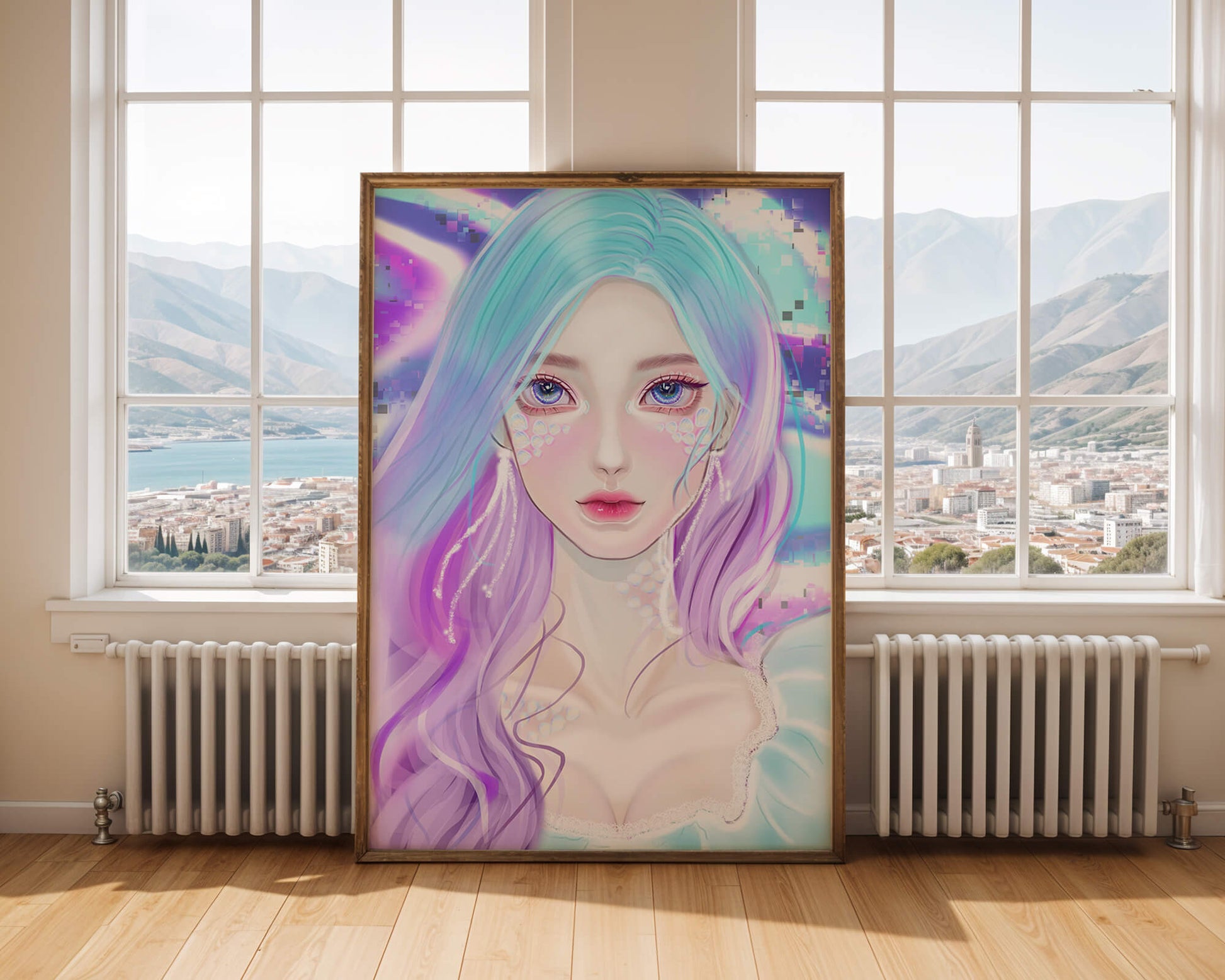 Fantasy portrait of a woman with pastel hair and vibrant features