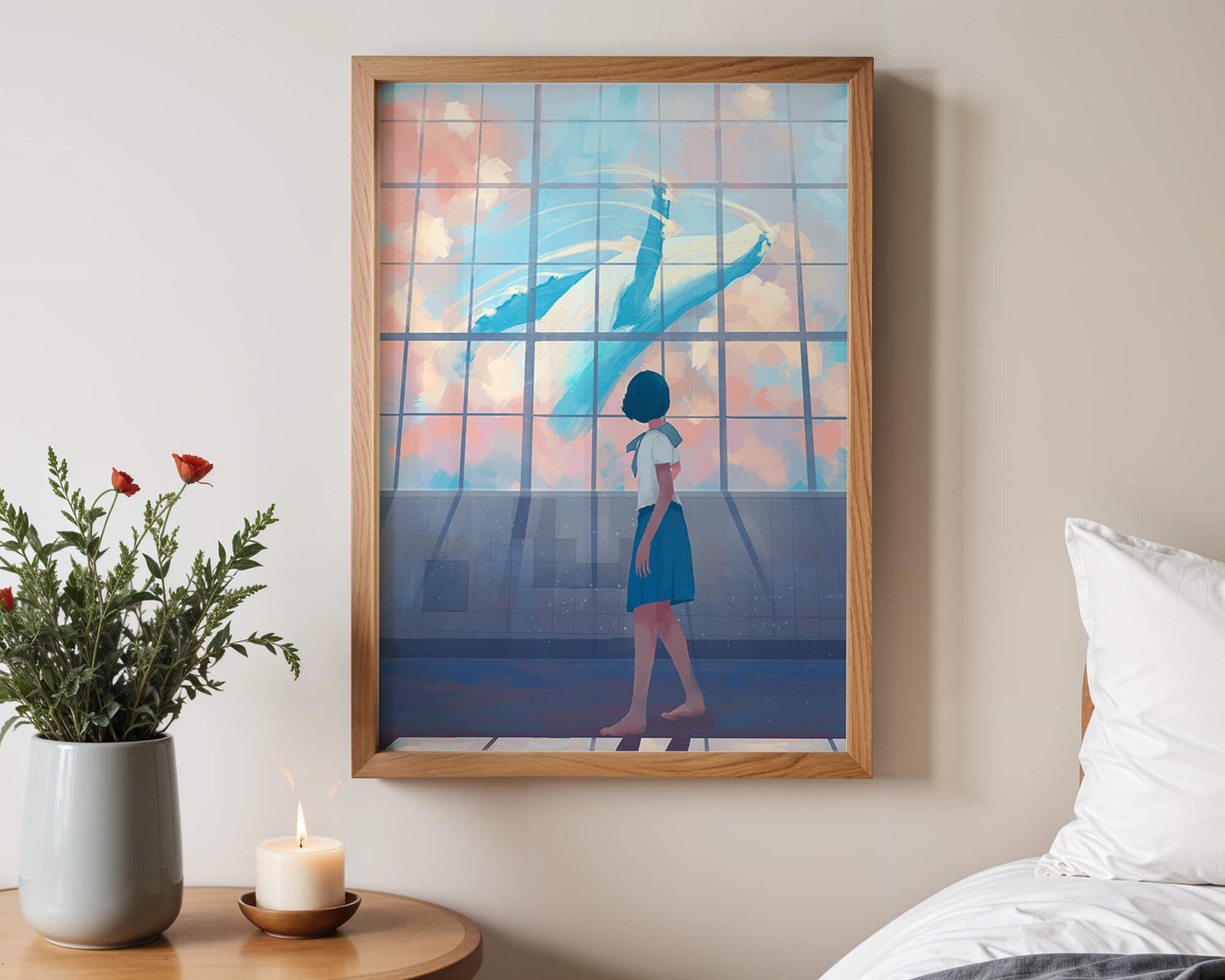 Young girl looking at a giant whale through a large window