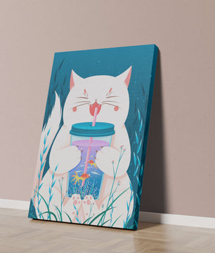 Playful cat with a fish tank tumbler in the underwater scene illustration