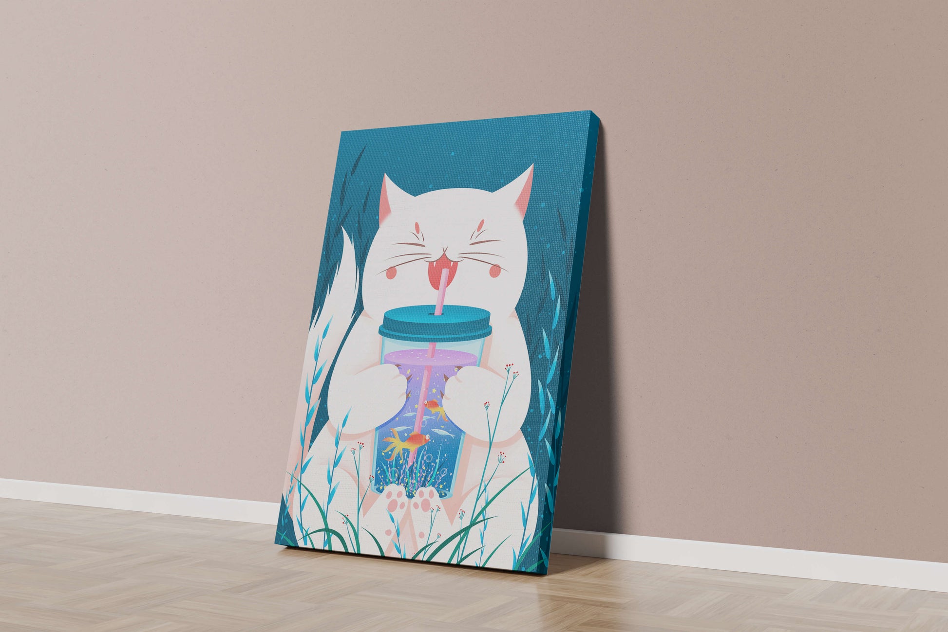 Playful cat with a fish tank tumbler in the underwater scene illustration