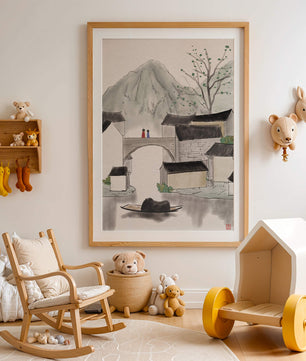 Serene mountain village ink painting with bridge and boat