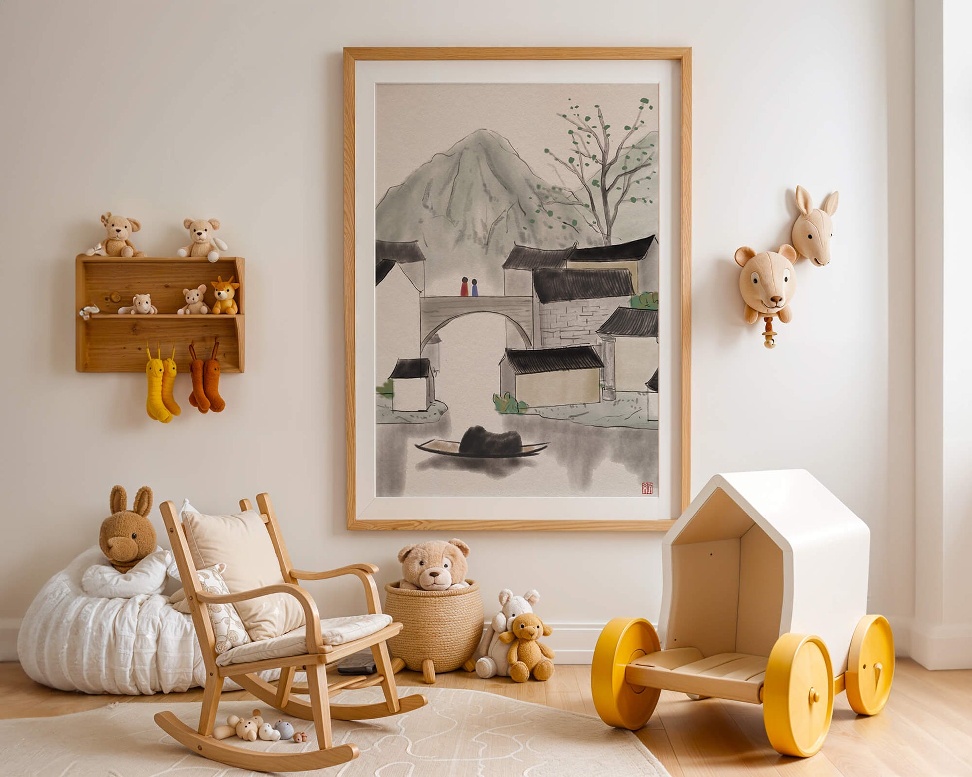 Pintura de tinta de un tranquilo pueblo montañoso con puente y barco
