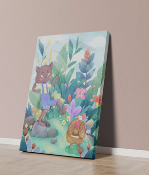 Playful Cat and Chicken in Vibrant Forest Scene Illustration
