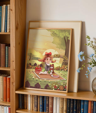 Whimsical picnic scene with a young girl and teddy bear under sunset in vibrant meadow