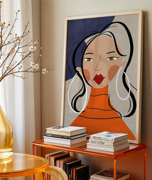 Colorful abstract portrait featuring a woman with red lips and hoop earrings on textured background - Mi tienda