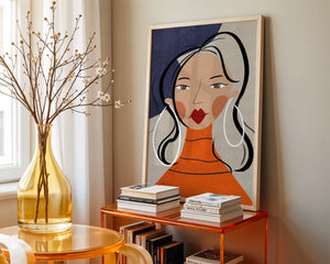 Colorful abstract portrait featuring a woman with red lips and hoop earrings on textured background - Mi tienda