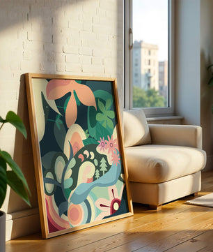 Abstract botanical artwork with vibrant colors and natural elements