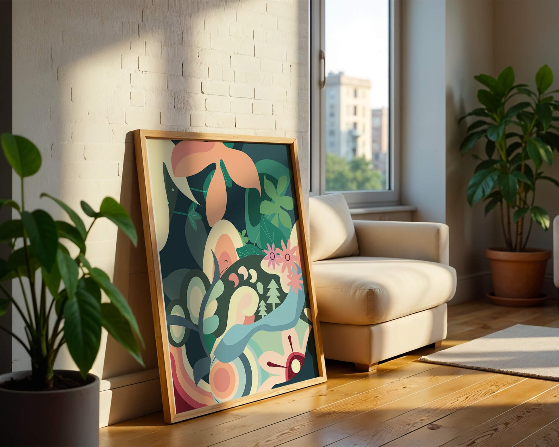 Abstract botanical artwork with vibrant colors and natural elements