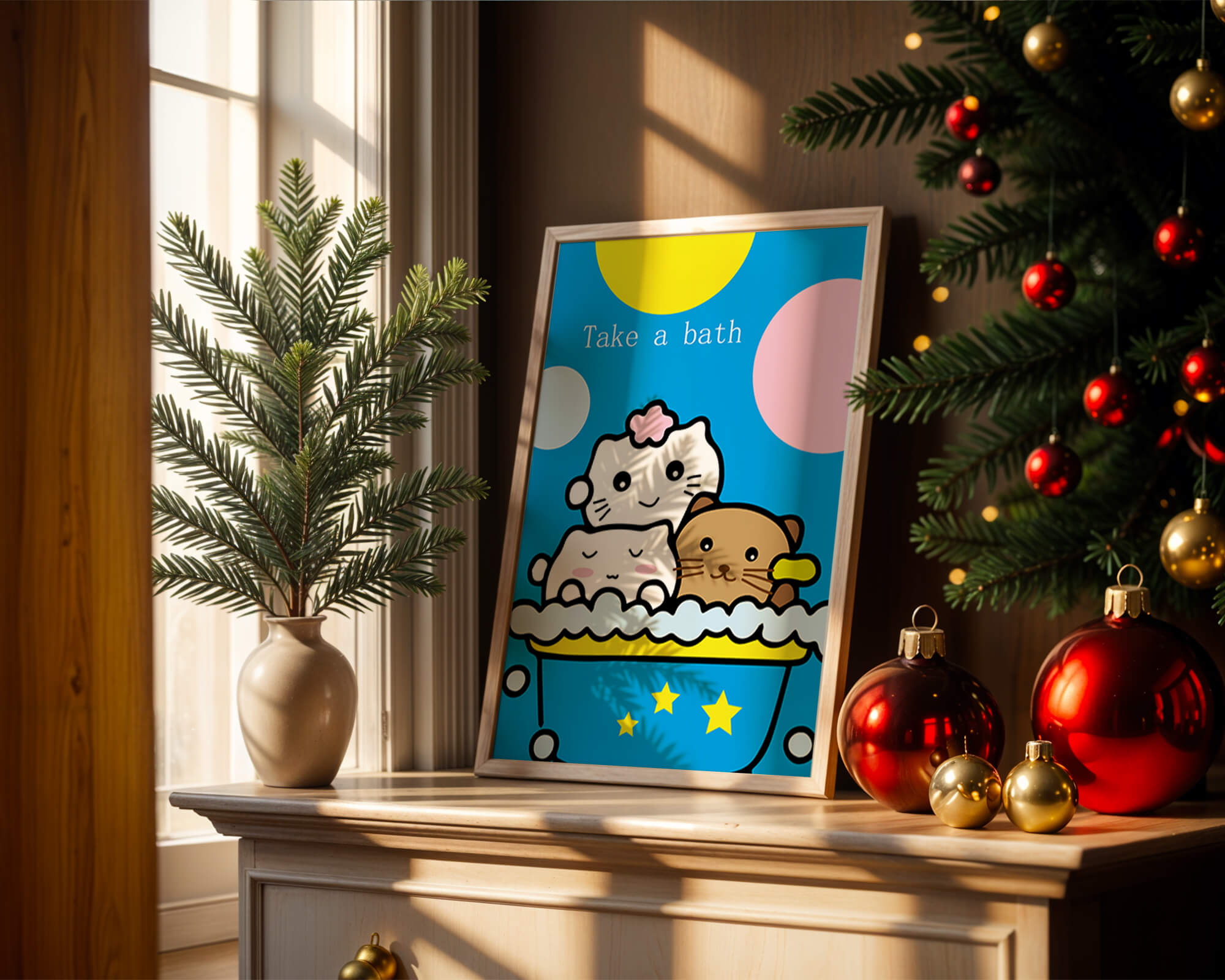 Adorable cartoon characters in a bubble bath with vibrant background