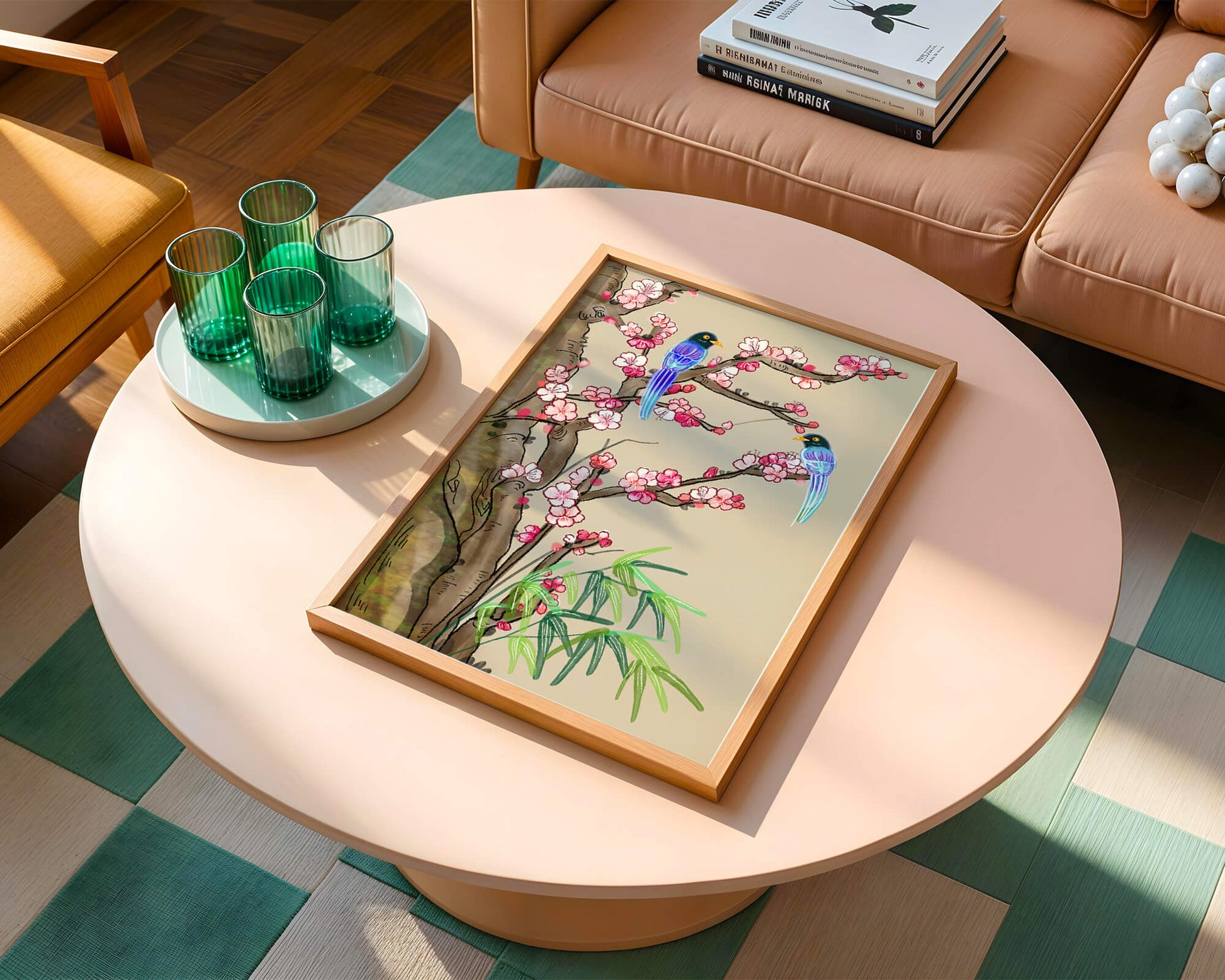 Illustration sereine d’oiseaux sur des branches en fleurs avec des feuilles de bambou
