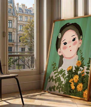 Illustration of a girl with flowers and a beret on a green background