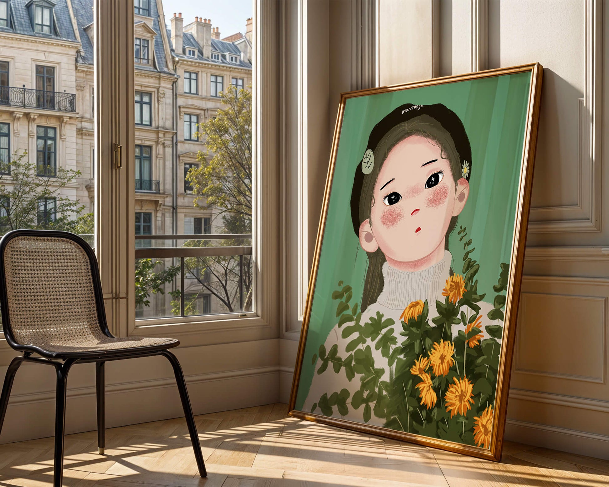 Illustration of a girl with flowers and a beret on a green background