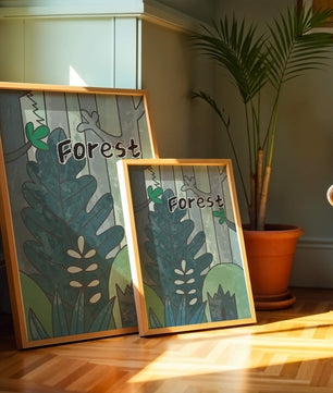 Illustrated forest scene with foliage and text