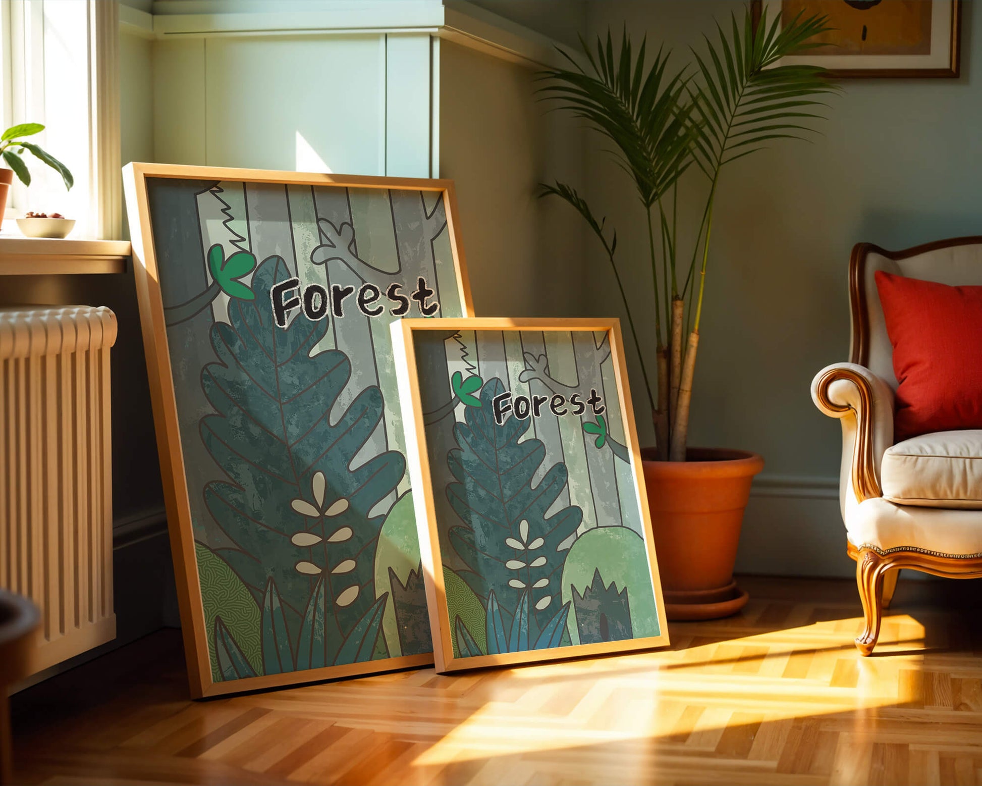 Illustrated forest scene with foliage and text