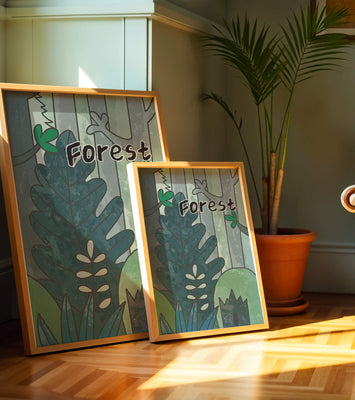 Illustrated forest scene with foliage and text