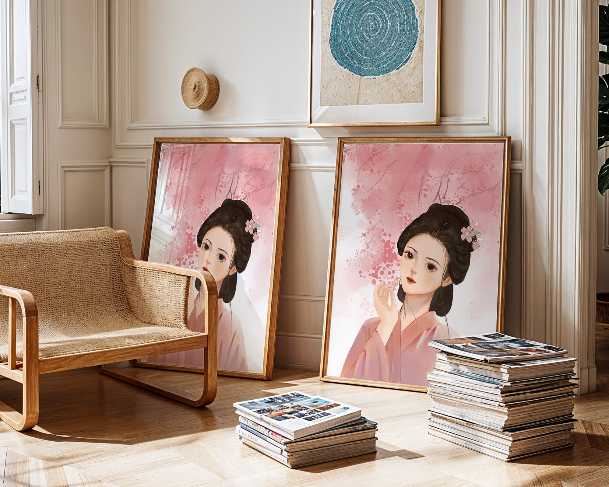 Traditional Japanese woman with pink cherry blossoms in the background