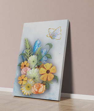 Floral and crystal arrangement with golden butterfly