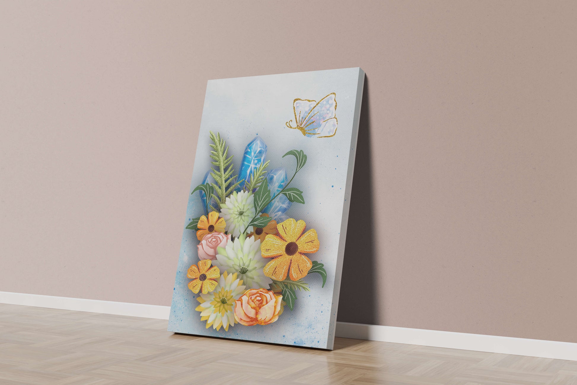 Floral and crystal arrangement with golden butterfly