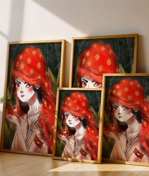 Illustration d'une fille en capuchon rouge tenant une pomme dans une forêt