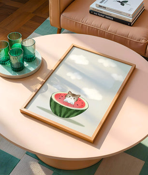 Whimsical art of a kitten in watermelon with clouds