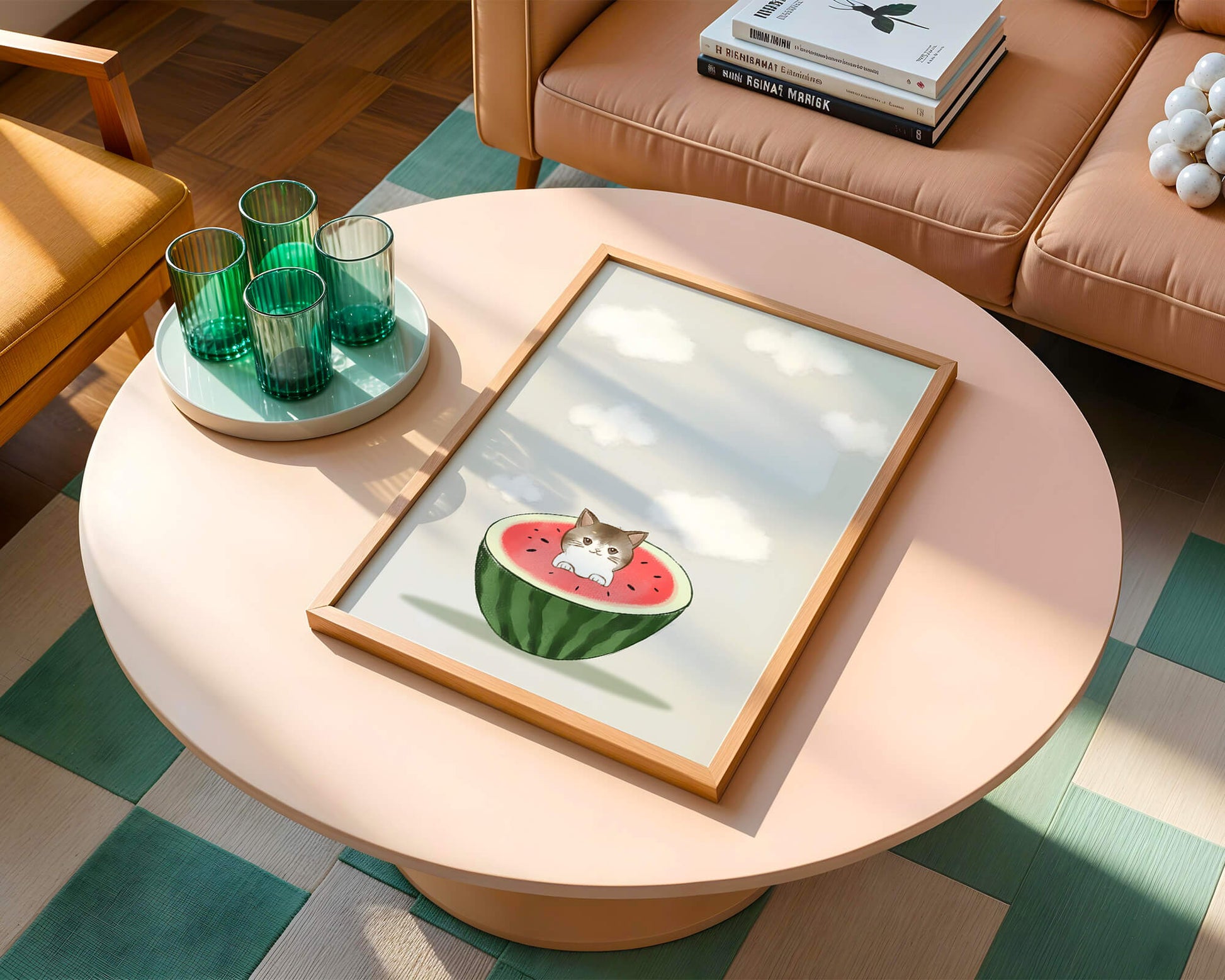 Whimsical art of a kitten in watermelon with clouds