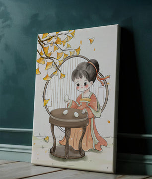 Charmante illustration d'une fille en tenue traditionnelle avec des feuilles de ginkgo